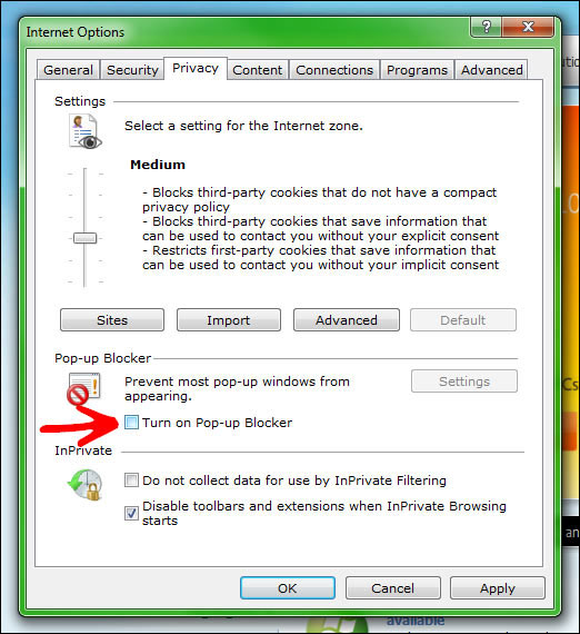Disable Internet Explore 9 popup blocker